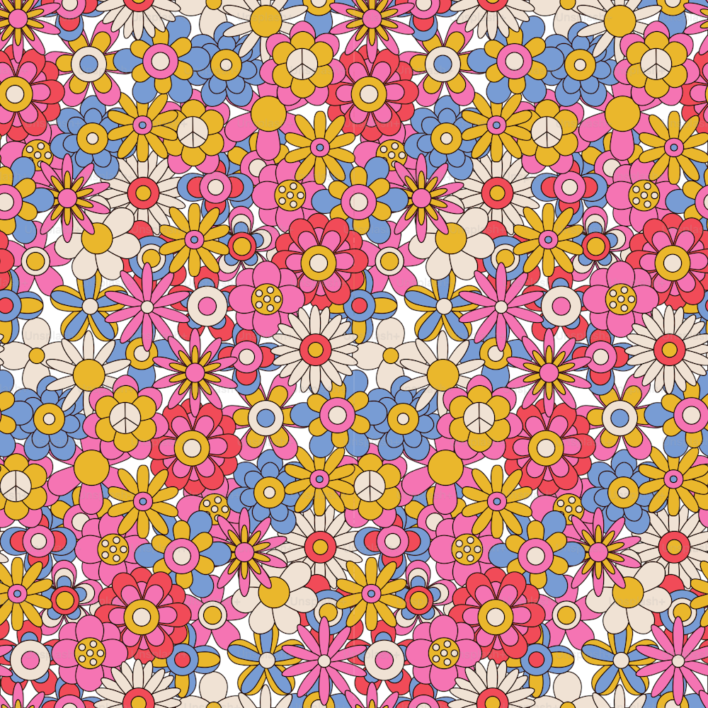 60年代と70年代のレトロなビンテージ花のシームレスなパターン。花柄の背景に異なるヒッピーヒナギク。アウトラインカラーベクターイラスト