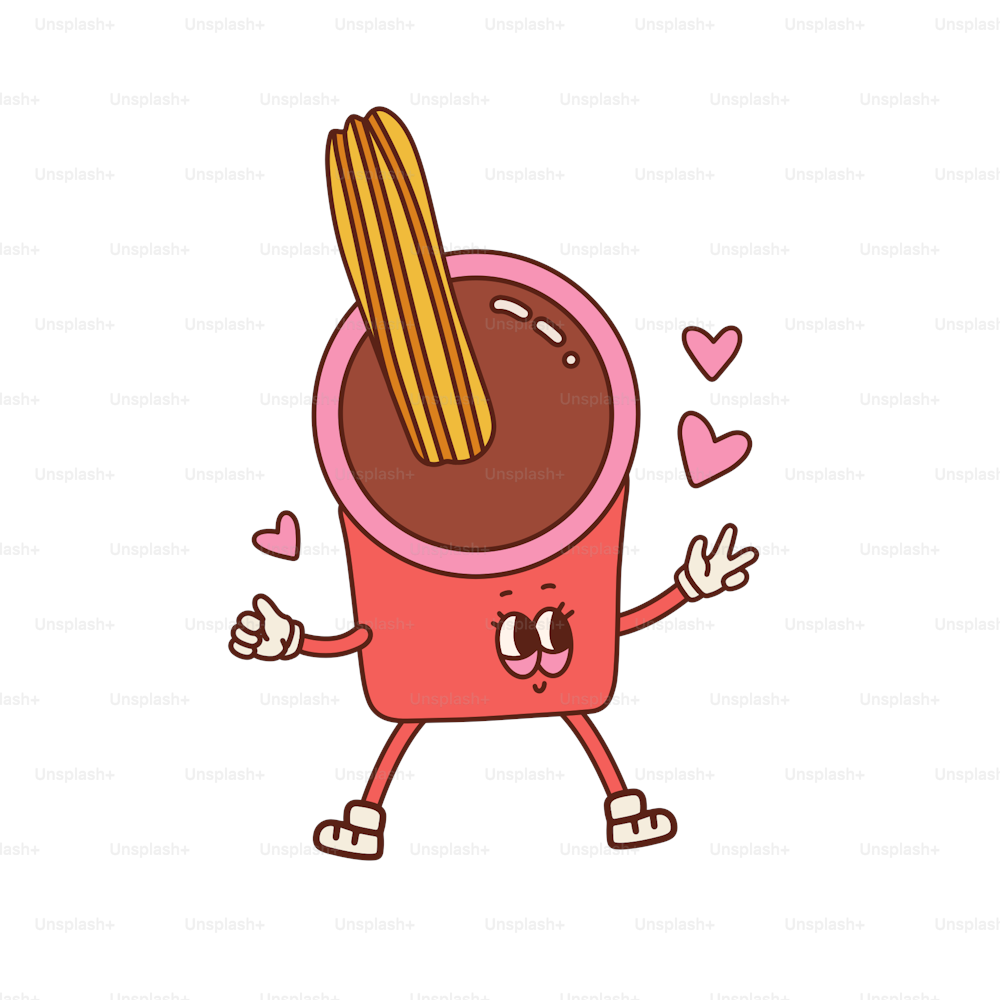 In love bakery churros mascot in cup with chocolate. Retro cartoon style character isolated. Vector contour hand drawn illustration. Valentines day