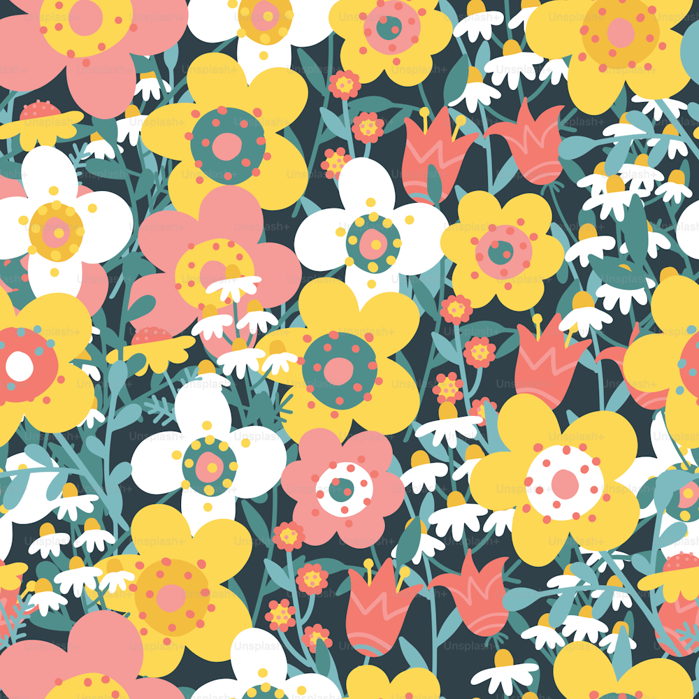 Seamless pattern with abstract spring flowers of tulips, rudbeckia, kosmeja and chamomile. For decoration of textiles, packaging and wallpaper. Vector flat hand drawn illustration