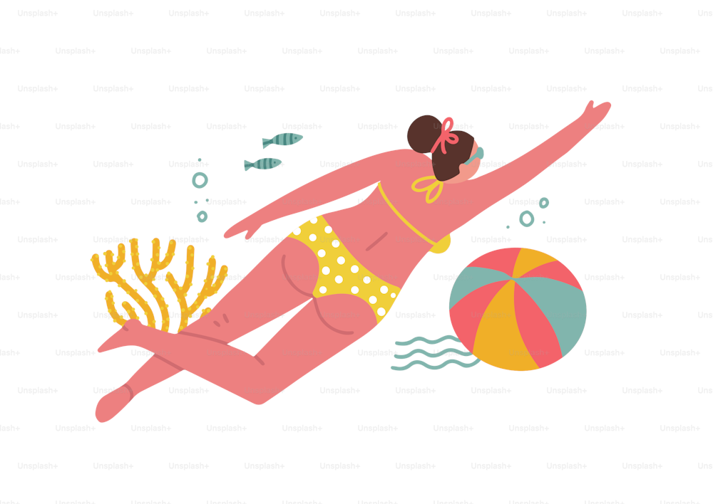 Hand gezeichnete abstrakte Vektorkarikatur Sommerzeit Grafik Illustrationen Kunstschablonenhintergrund mit Ozean Sonnenuntergangsszene, Schönheit Meerjungfrau Mädchen isoliert auf blauen Wellen