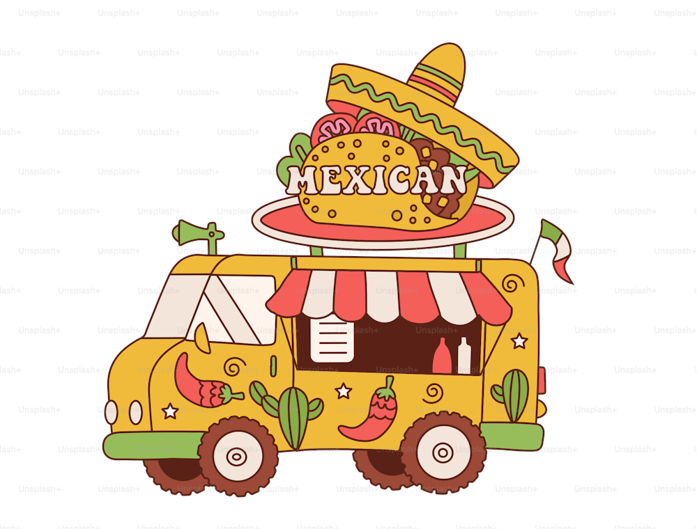 Retro Delicious Commercial Food Truck Vehicle con cucina messicana. Veicolo con cappello messicano e taco sul tetto. Mercato nell'illustrazione vettoriale di strada in stile fumetto retrò