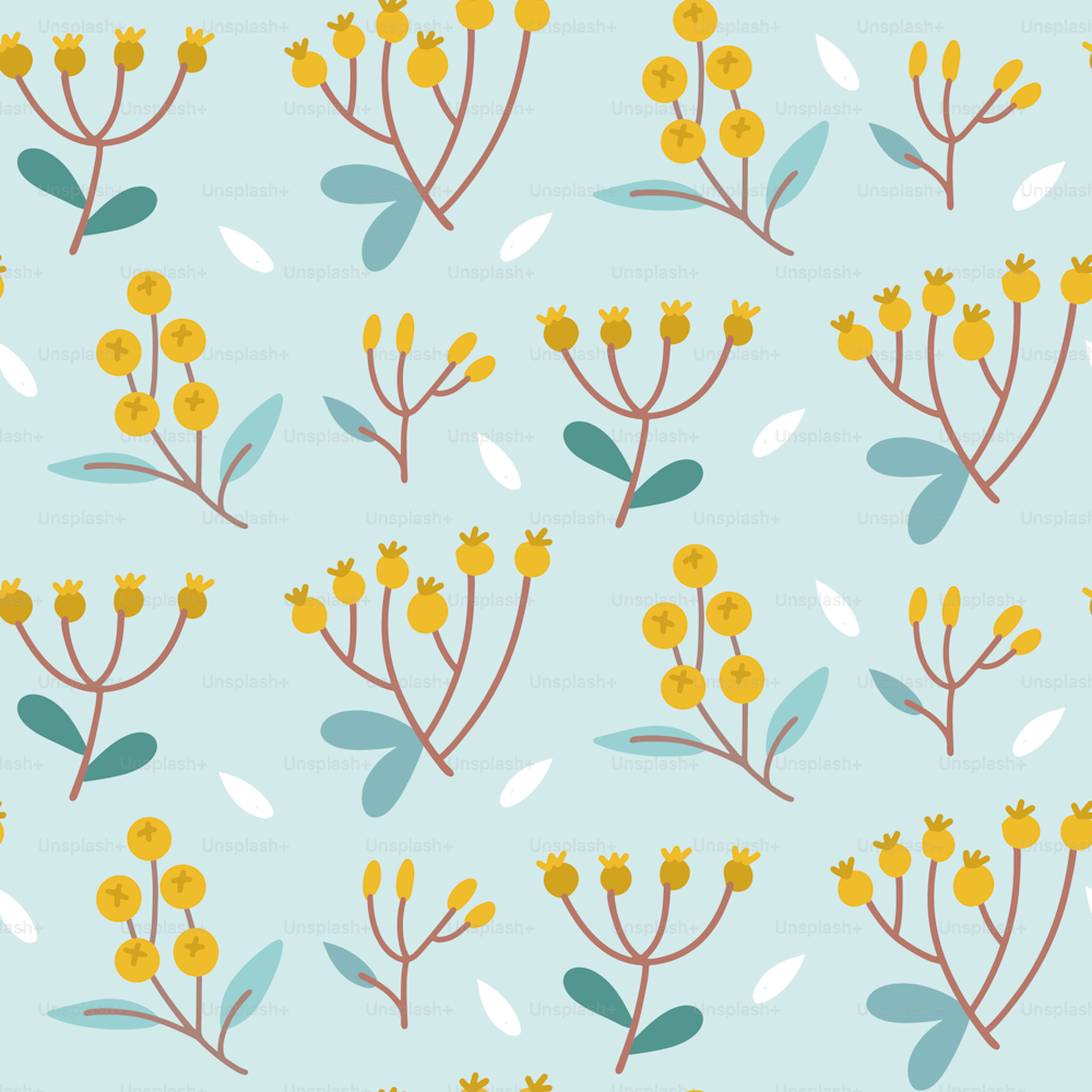Forest inspiration seamless pattern with yellow berry, branches and leaves. Christmas botanical background. Flat simple stylish template for invitations, textile, wrapping paper. Vector illustration