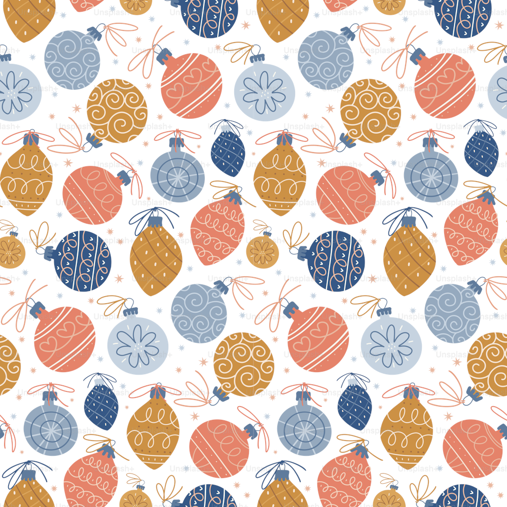 Seamless pattern with vintage xmas tree balls in scandinavian style. Christmas Decor for background, wrapping paper, fabric, surface design, cover, and etc. Flat hand drawn vector illustration