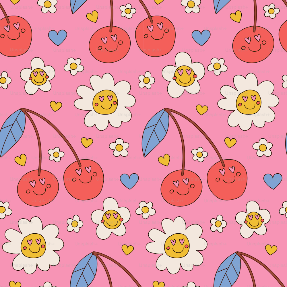 Groovy retro vintage Valentine's day seamless pattern in 70s-80s style.Hippie background with lovely flower and cherry characters. Linear vector illustration.