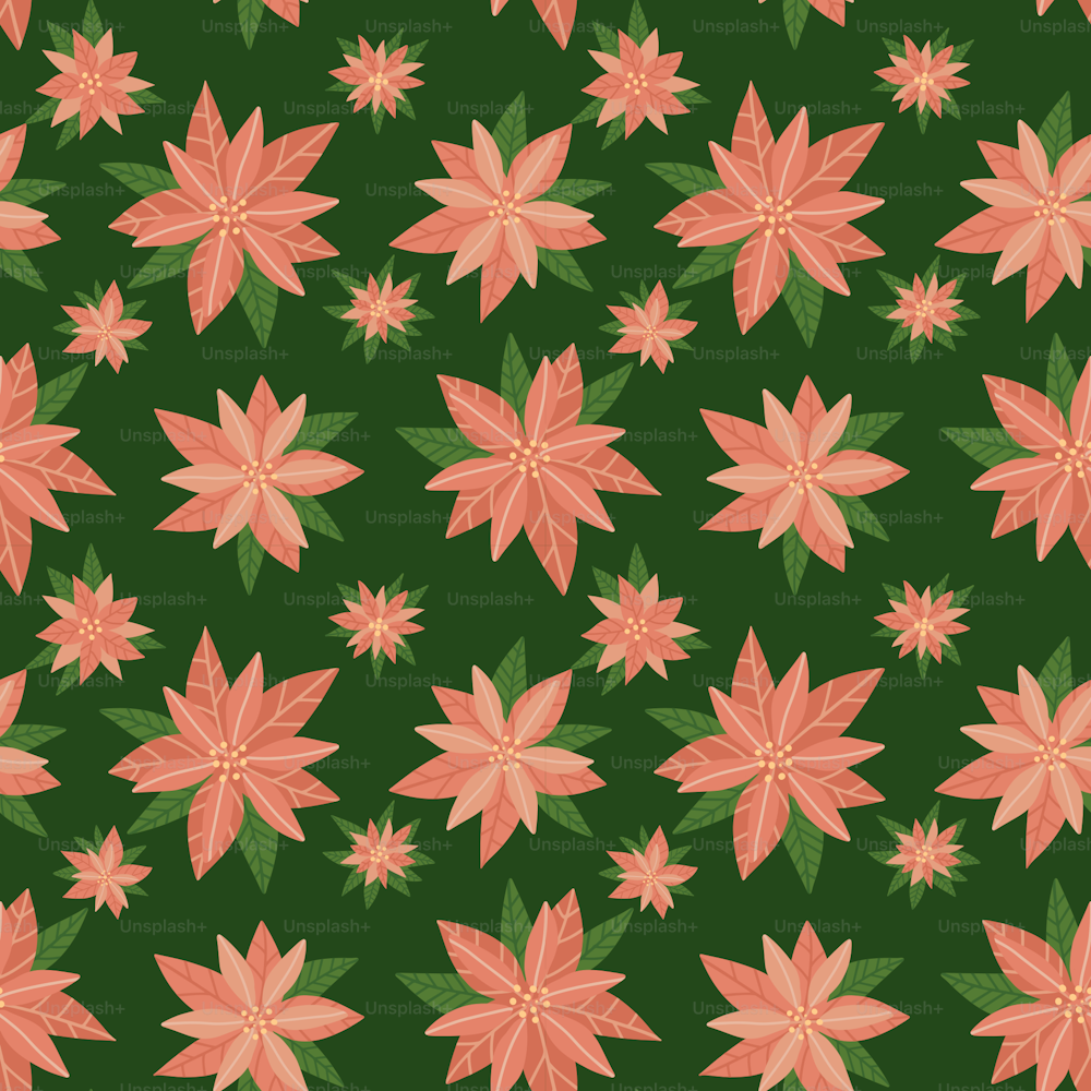 Poinsettia Christmas seamless pattern. Trendy floral holiday xmas background. Botanical print only with winter flowers on green background. Flat vector illustration