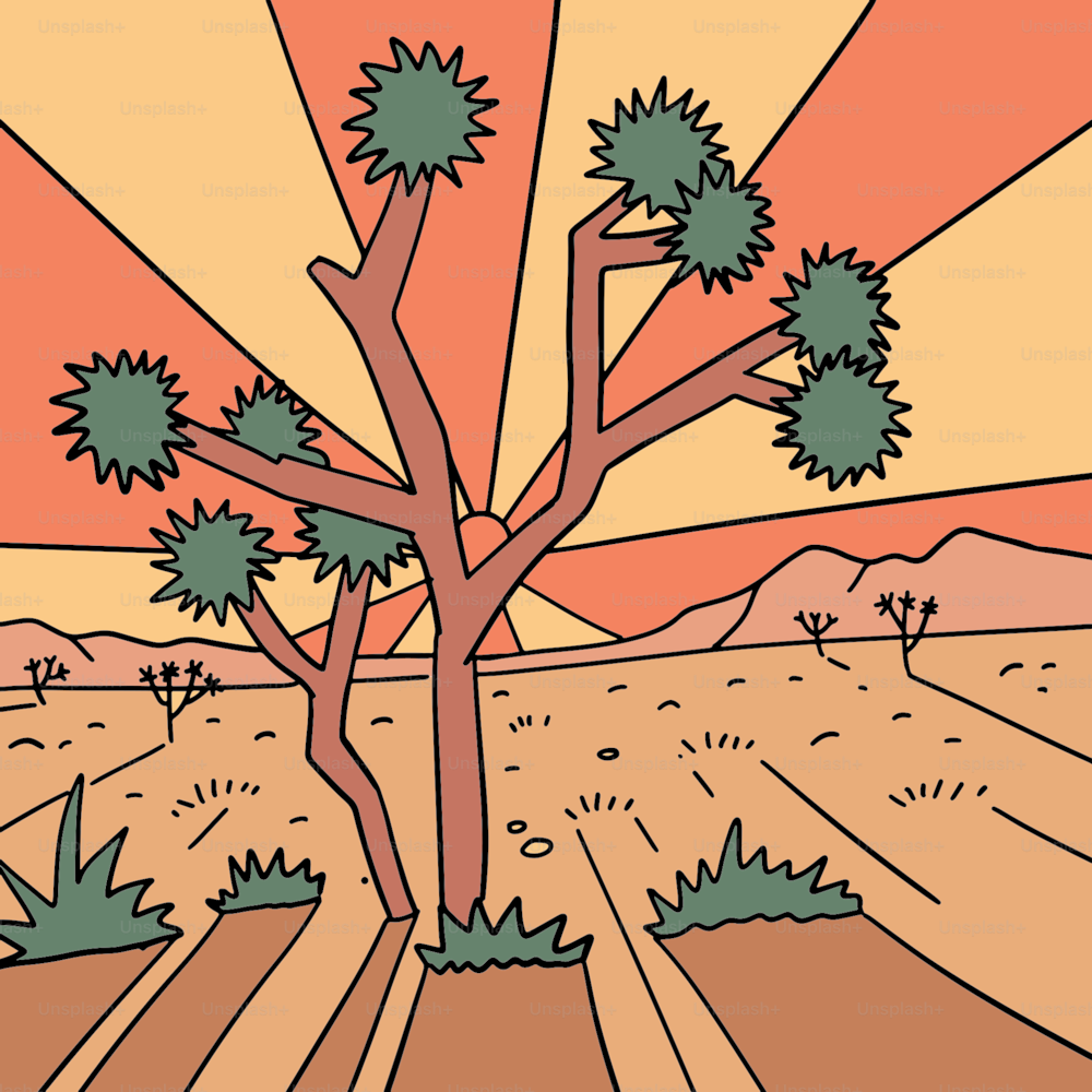 Joshua Baum im Desert National Park Druckdesign. Abendlandschaft bei Sonnenuntergang. Handgezeichnete lineare Retro-Vektorillustration