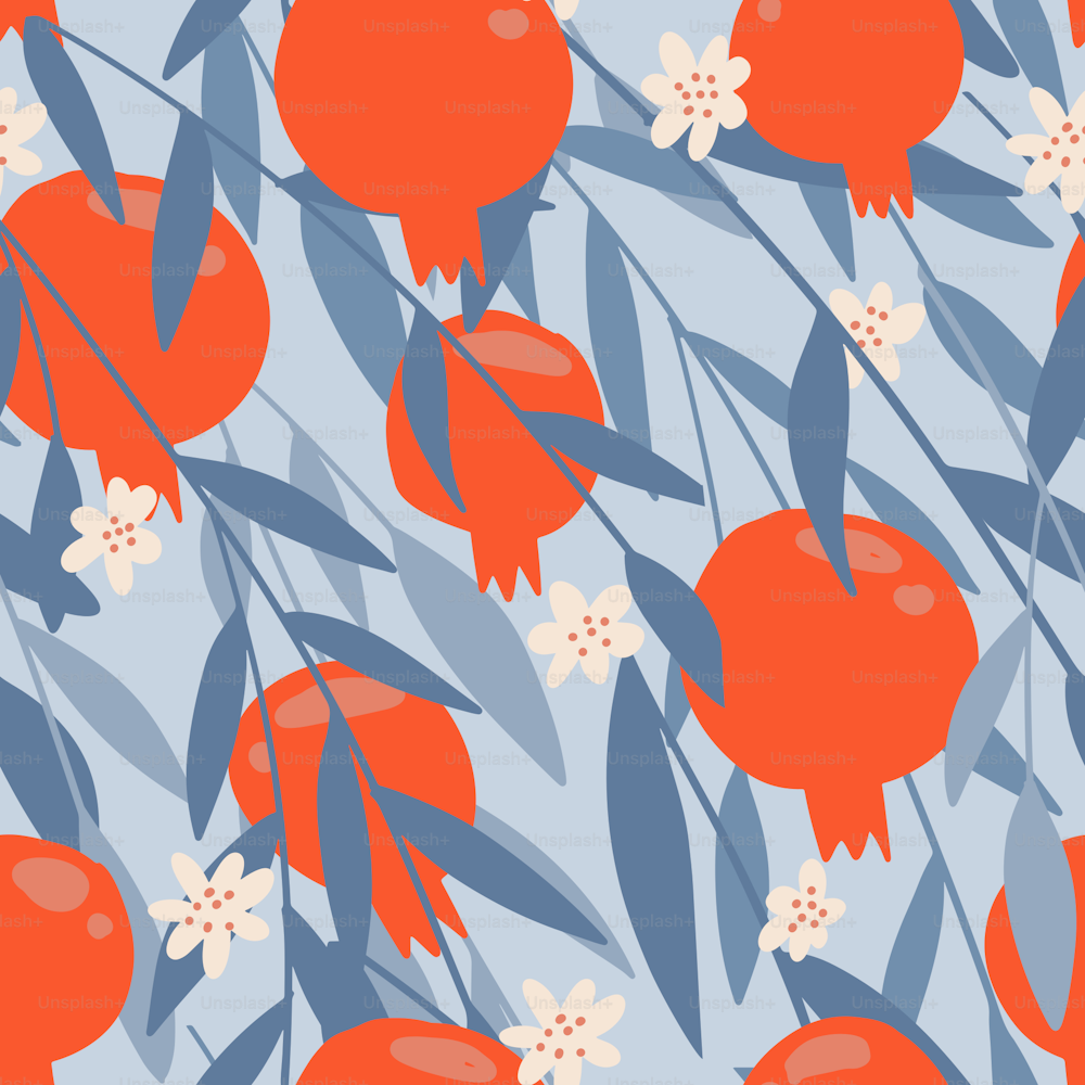 Pomegranate fruit seamless pattern template with blue leaves. Botanical fruit design. Blooming pomegranate. Vector flat hand drawn illustration