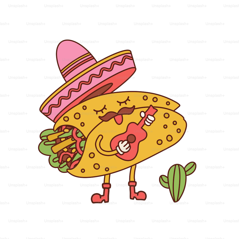Linda mascota de burrito retro toon con sombrero e icono de guitarra. Caricatura vintage de un personaje de comida mexicana tocando música y cantando canciones. Ilustración vectorial dibujada a mano aislada sobre fondo blanco.