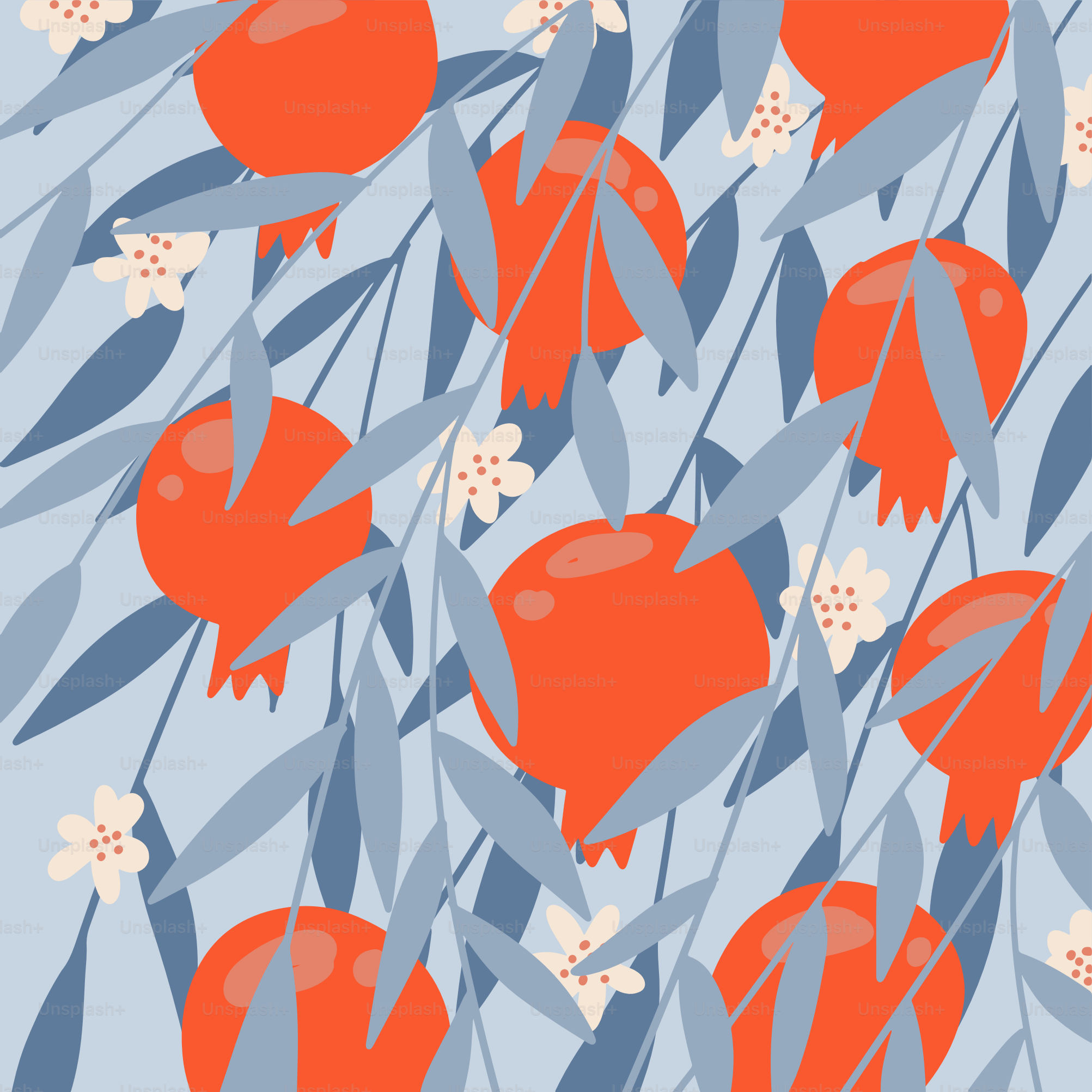 花や葉のある枝にザクロが生えています。赤い美味しいフルーツ。背景用のフラットな手描きベクターイラスト