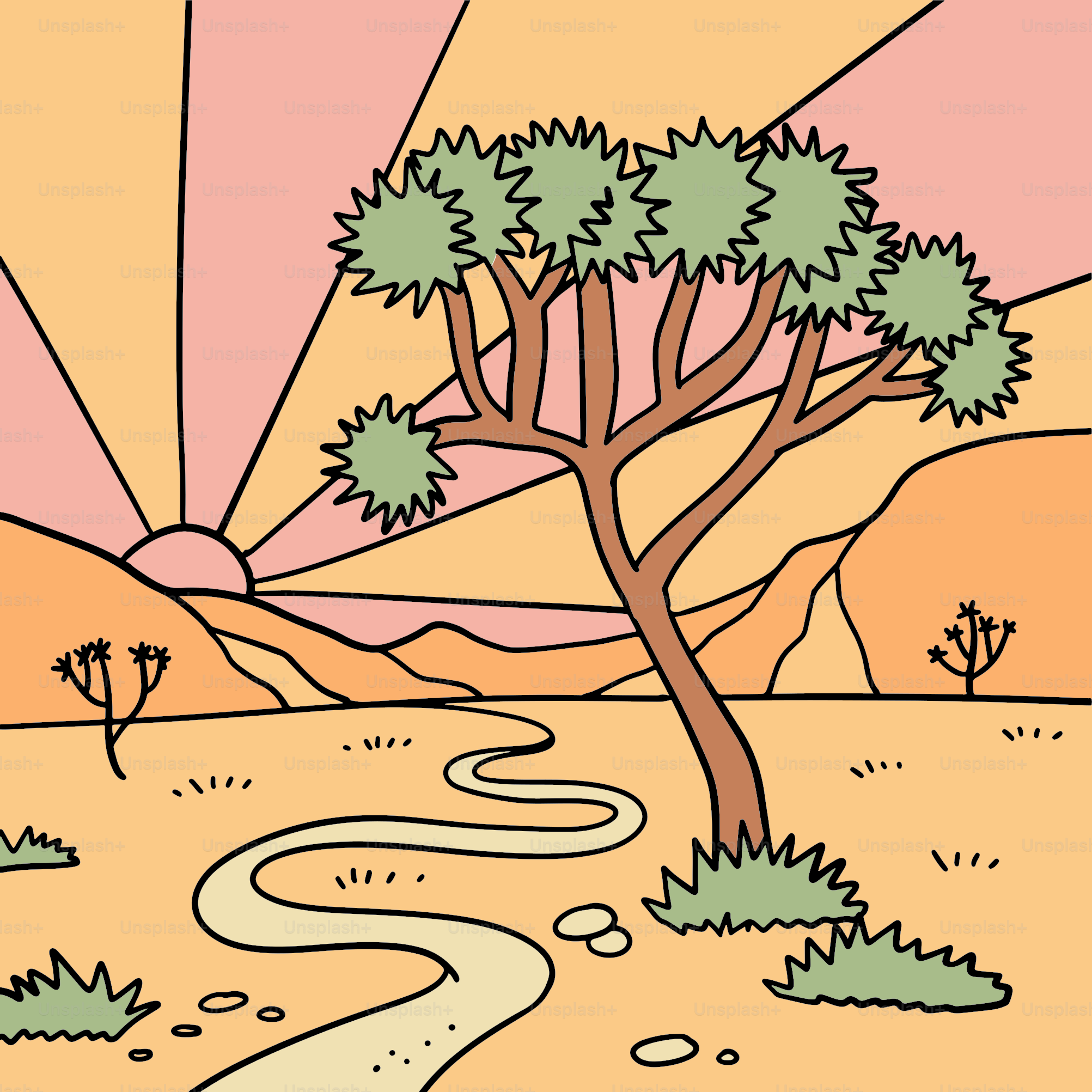 Joshua desert with trees landscape. America wild west nature dusty desert with arizona prairie, path and canyon rocks. Hand drawn linear vector illustration