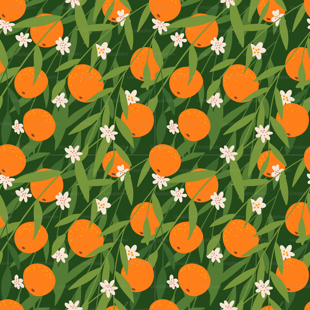 フラットスタイルのオレンジフルーツシームレスパターン。咲く柑橘類の枝のデザイン。布地や壁紙のデザイン用の摘み取られていないフルーツフラットベクターイラスト