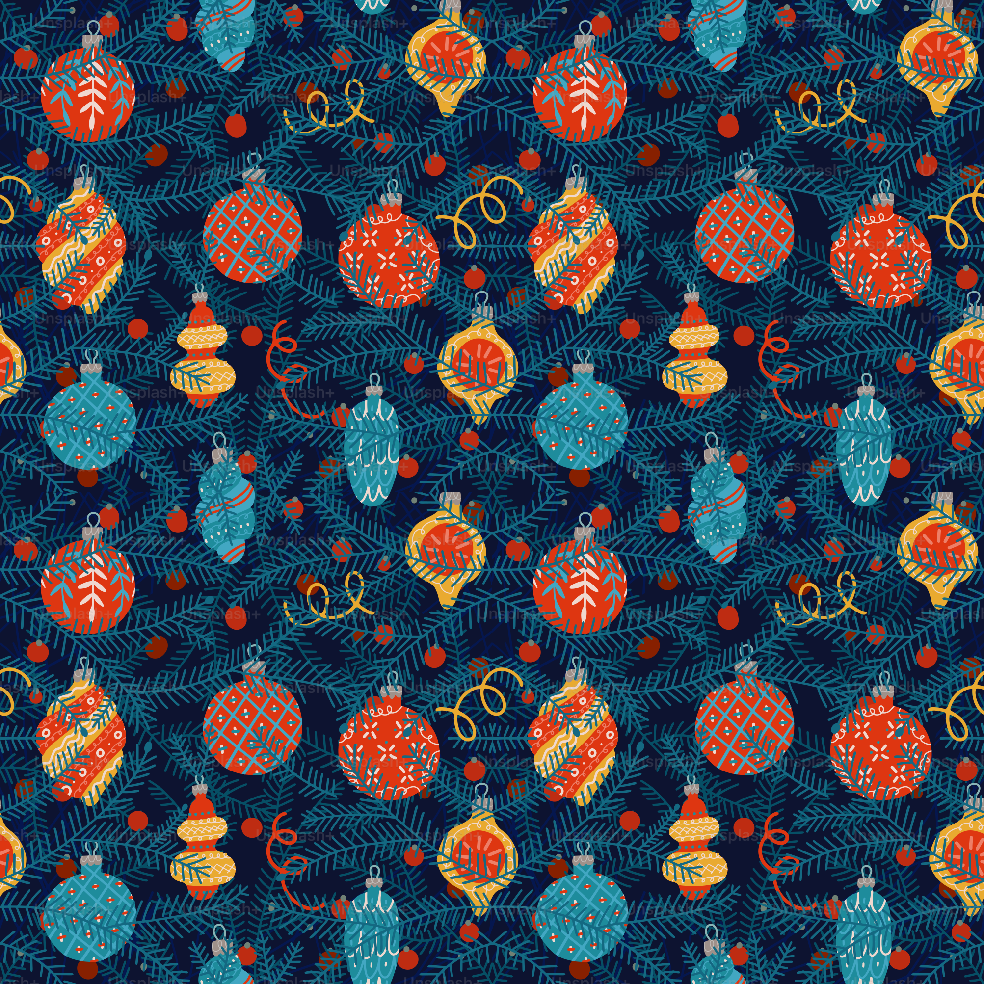 Seamless pattern with christmas toys hanging on fir tree branches. Dark blue background for new year and merry christmas. Flat vector illustration