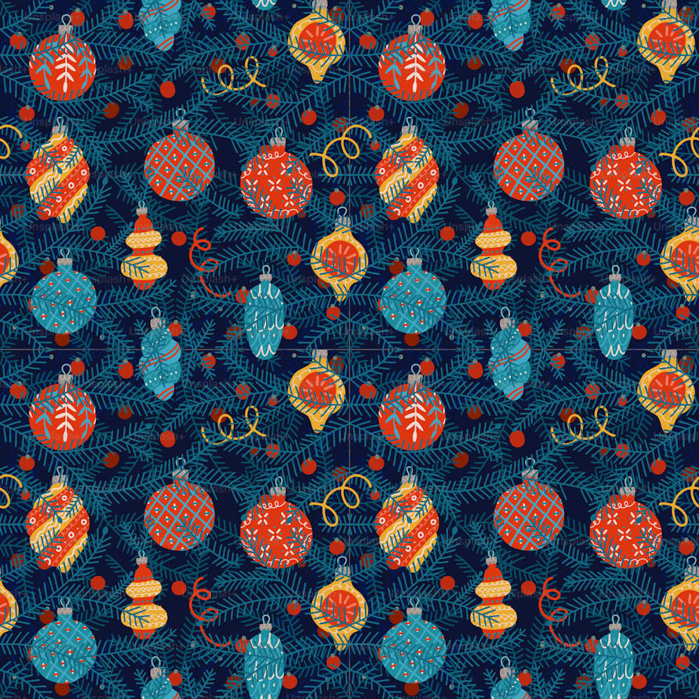 Seamless pattern with christmas toys hanging on fir tree branches. Dark blue background for new year and merry christmas. Flat vector illustration