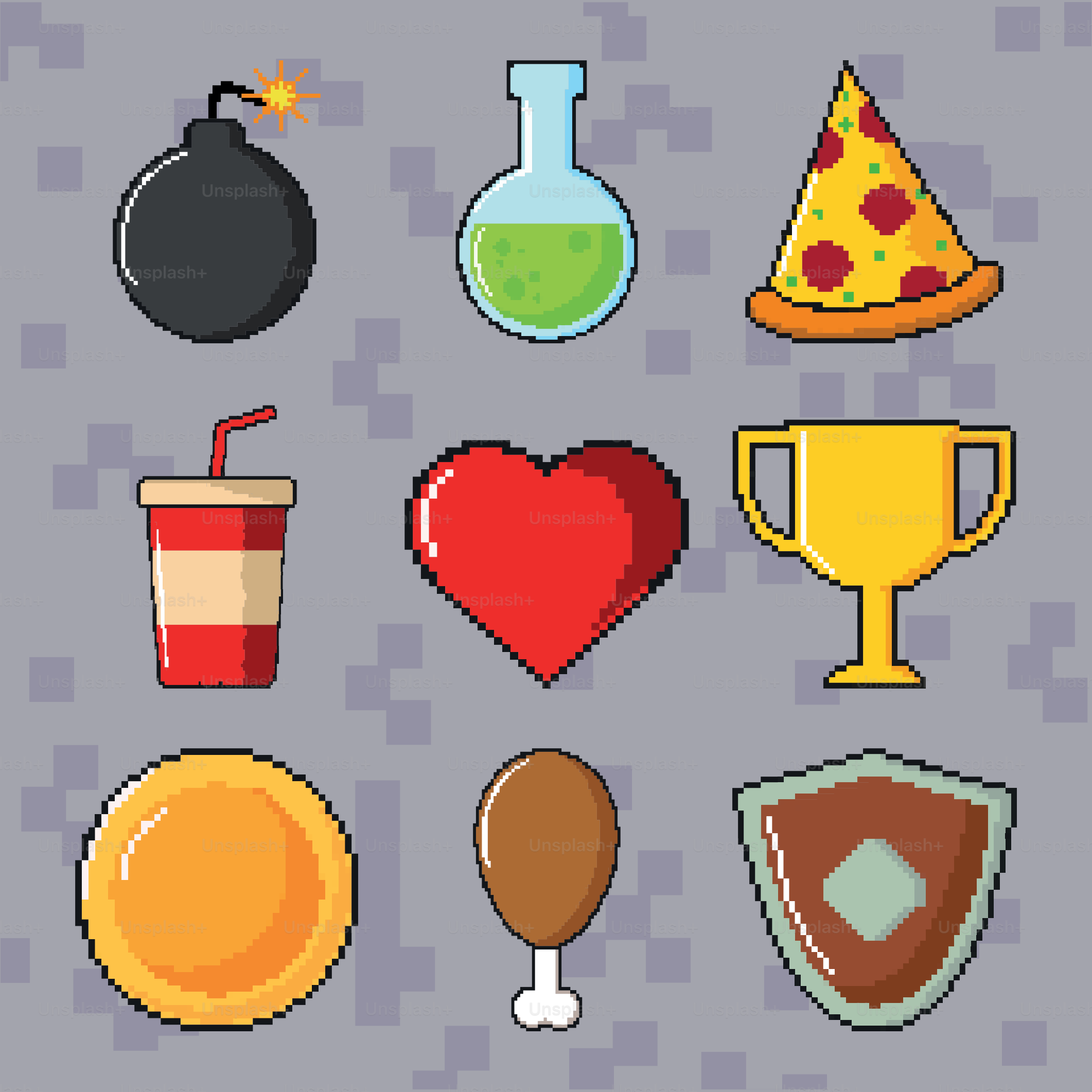 set pixel art such as coin and trophy