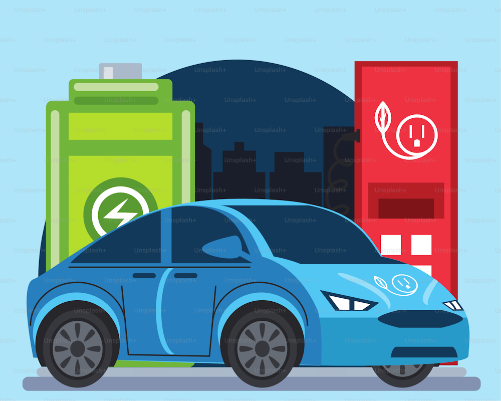 blue electric car station pump battery charge city vector illustration