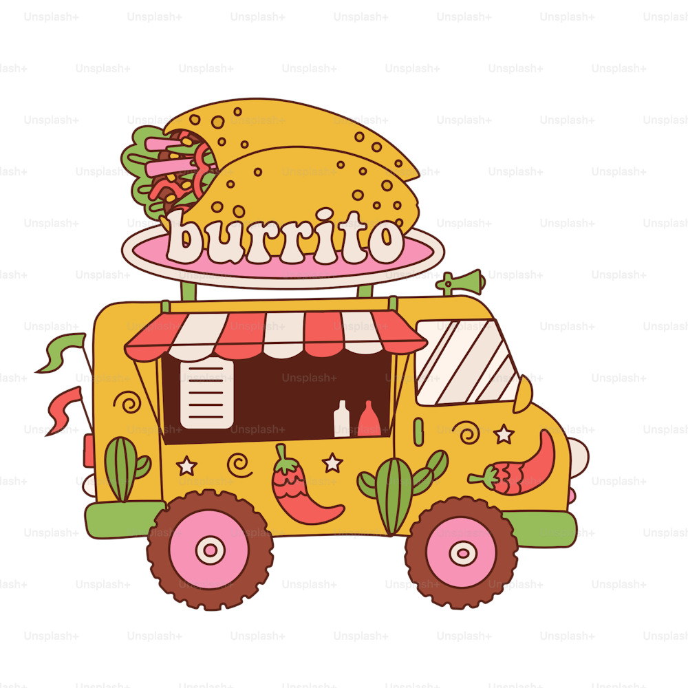 Camion di cibo per il servizio di consegna veloce del pasto messicano o il festival gastronomico estivo. Camion furgone con burrito sul tetto. Illustrazione del fumetto retrò del contorno vettoriale