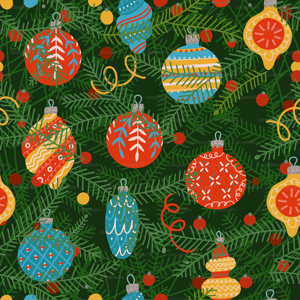 Seamless pattern of Christmas tree branches with festive glass balls. Close up view. Flat vector illustration
