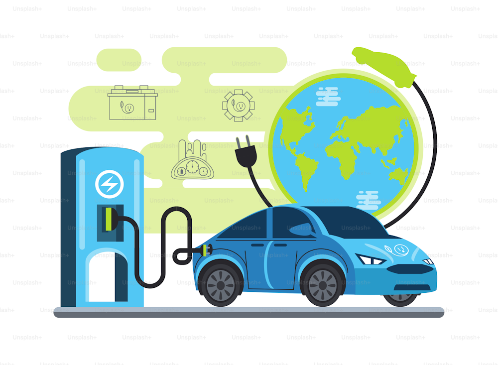 Ricarica dell'auto elettrica alla stazione con un'illustrazione vettoriale ecologica mondiale plug-in