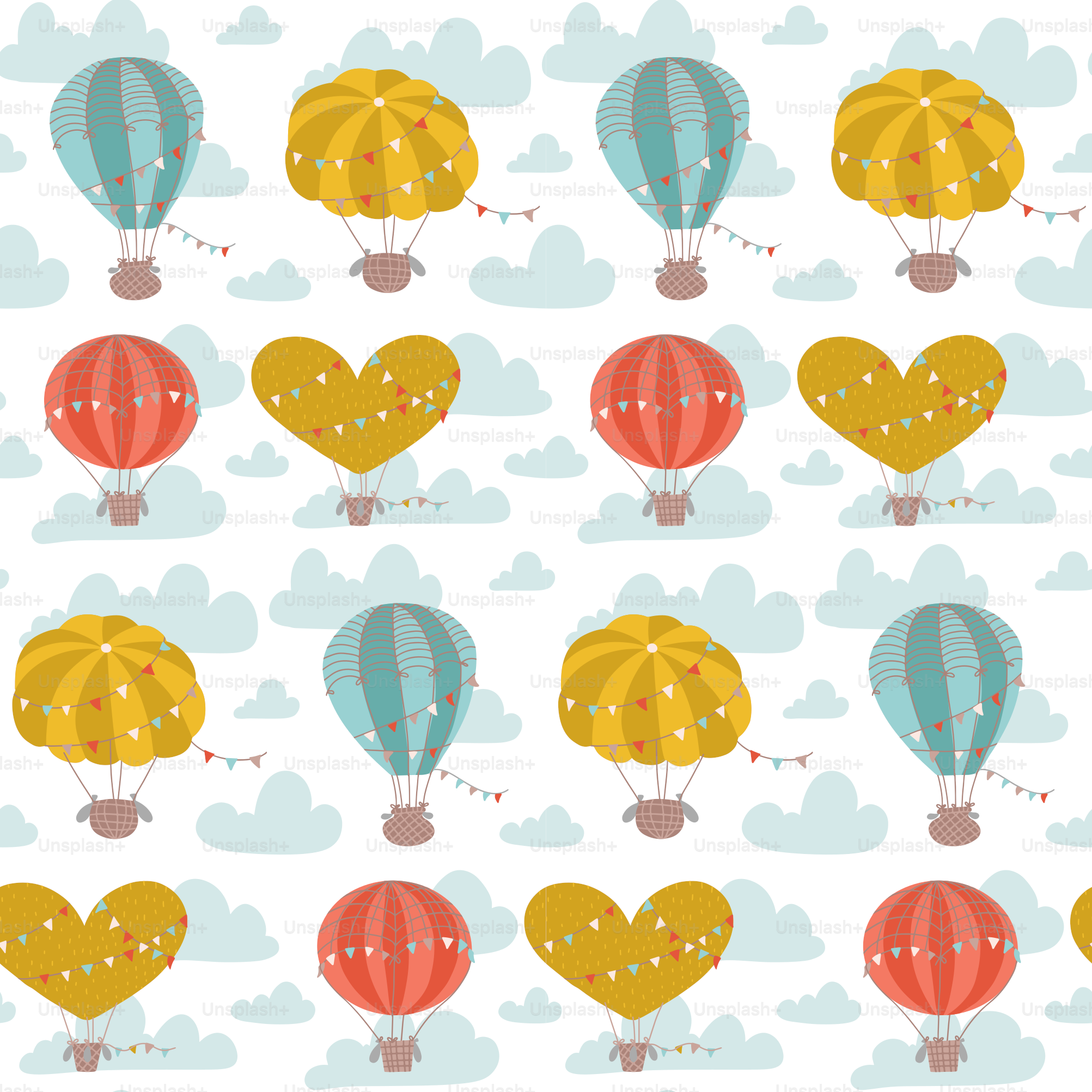 Cartoon flat seamless pattern with hot air balloons, flags and clouds. Cute vector background for kids