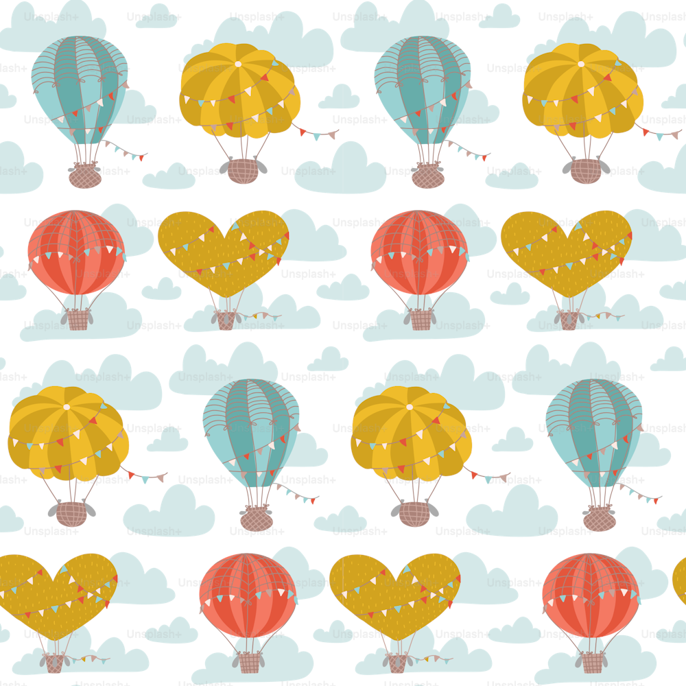 Cartoon flat seamless pattern with hot air balloons, flags and clouds. Cute vector background for kids