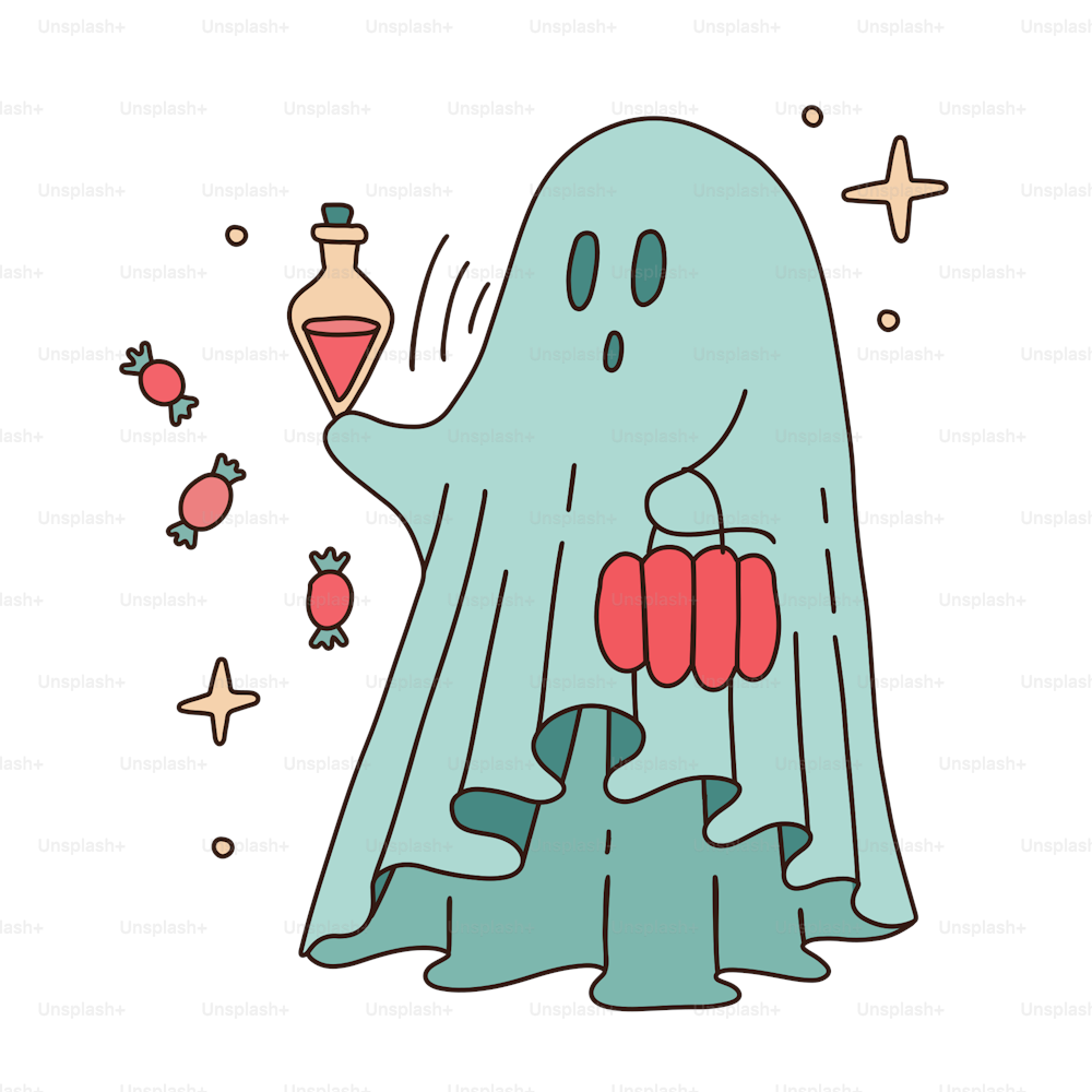 Retro 70s 60s Hippie Groovy Halloween Ghost collecting candies. The white sheet spook is holding a vial of potion. Linear boho aesthetic hand drawn vector illustration