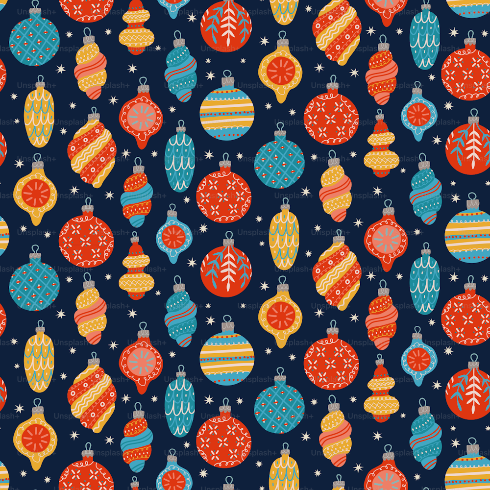 Seamless pattern of Christmas toys, baubles and balls for greeting cards, wrapping papers. Hand drawn Vector illustration in flat cartoon style.