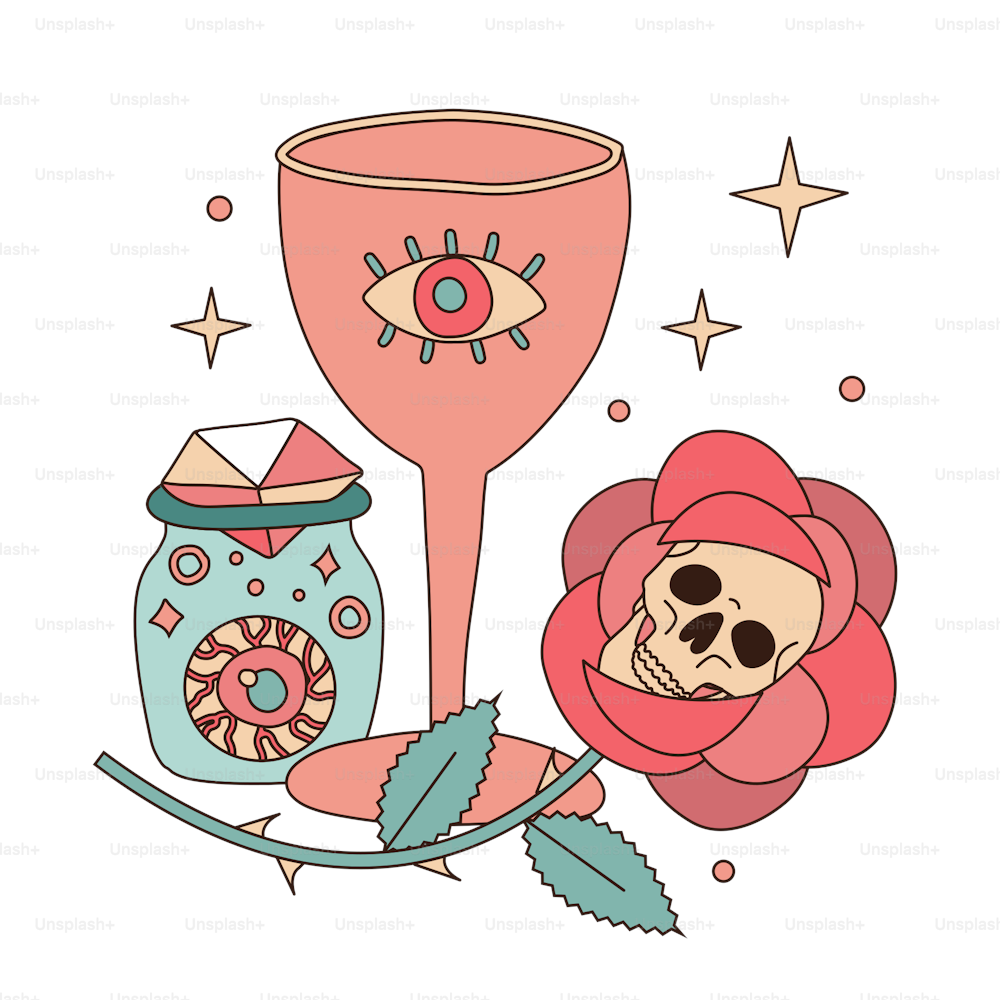 Rose skull with sacred mystical goblet and potion with human eye in a jar. 70s retro boho concept isolated linear vector illustration. Old School.