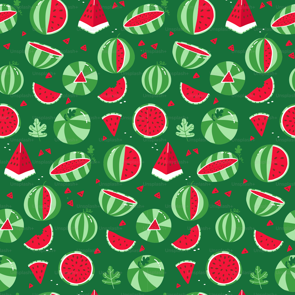 Watermelon seamless pattern. Whole striped watermelon and red slices with seeds on a green background. Vector hand drawn illustration of fresh fruit in cartoon simple flat style.