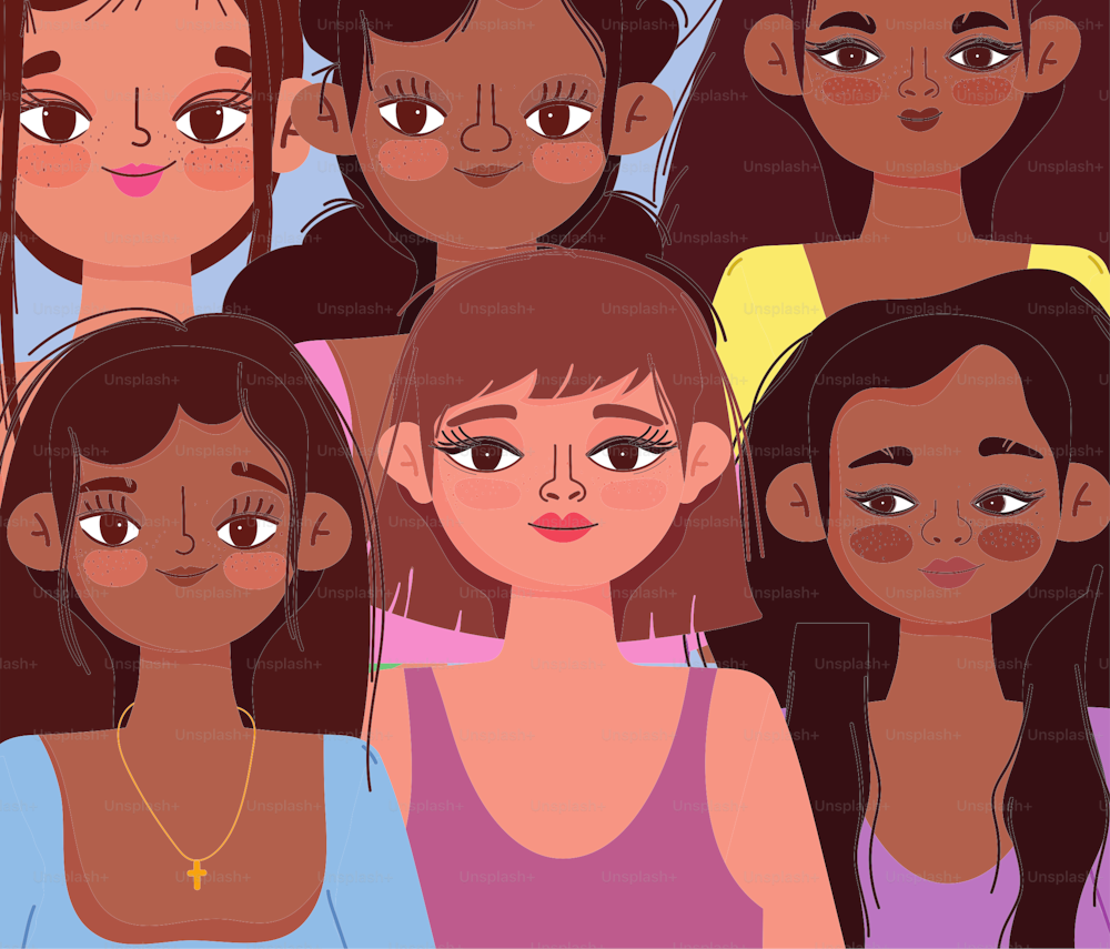 group young women female portrait vector illustration