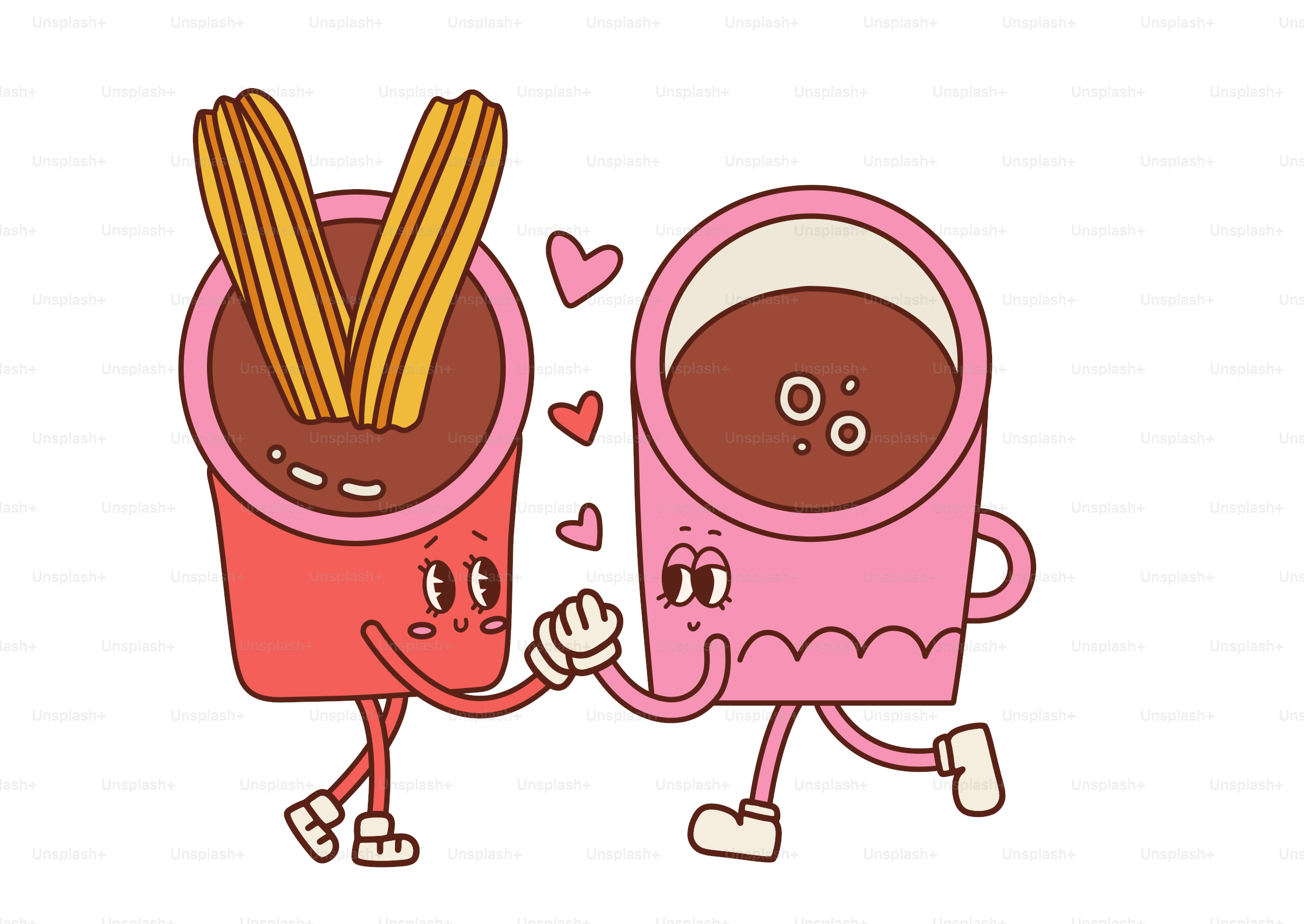 Hot chocolate with churros anf coffee cup characters in love. Valentine s Day card retro cartoon mascots. Sweet latin American Food couple. Vector contour illustration