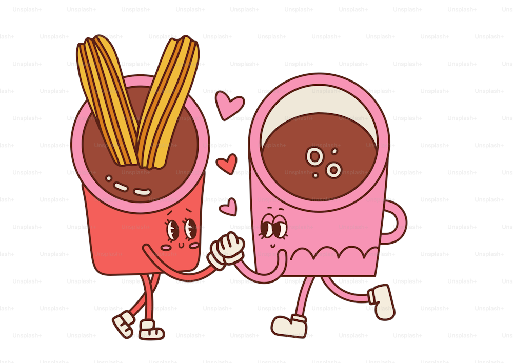 チュロスとコーヒーカップのキャラクターが恋をしているホットチョコレート。バレンタインデーのカードレトロな漫画のマスコット。甘いラテンアメリカ料理のカップル。ベクター輪郭図