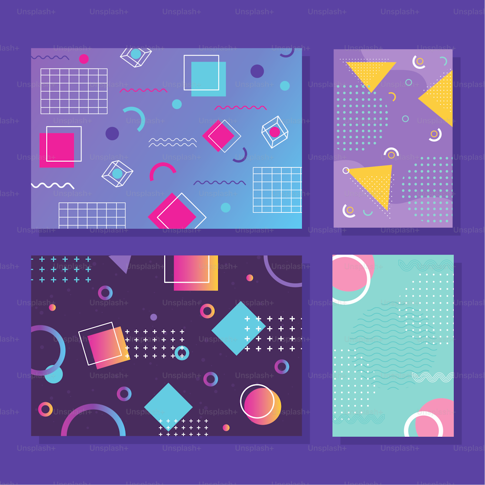 trendy style banner templates collection, 80s 90s with geometric shapes vector illustration