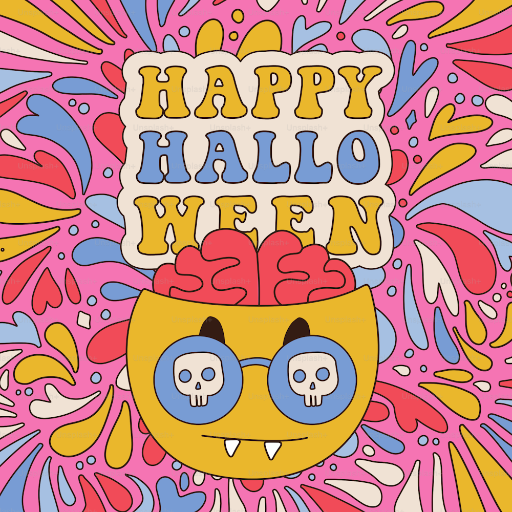 Tarjeta de Halloween estilo retro de los años 60 y 70. Hippie Rainbow salpica el fondo con Emoji con cerebros sobresaliendo. Tarjeta de felicitación lista para el 31 de octubre. Plantilla gráfica tee print. Ilustración vectorial.