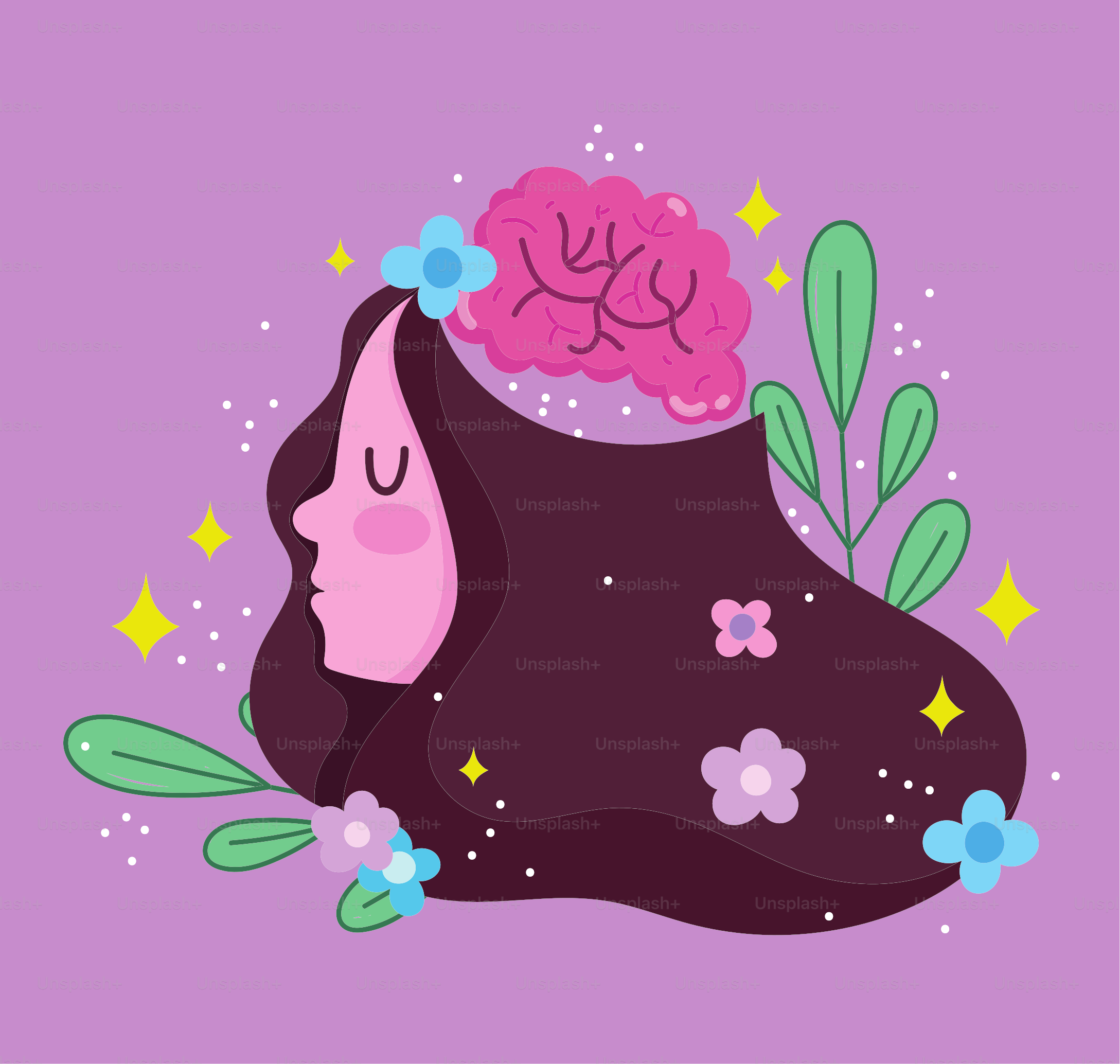 world mental health day, girl human brain flowers leaf decoration vector illustration