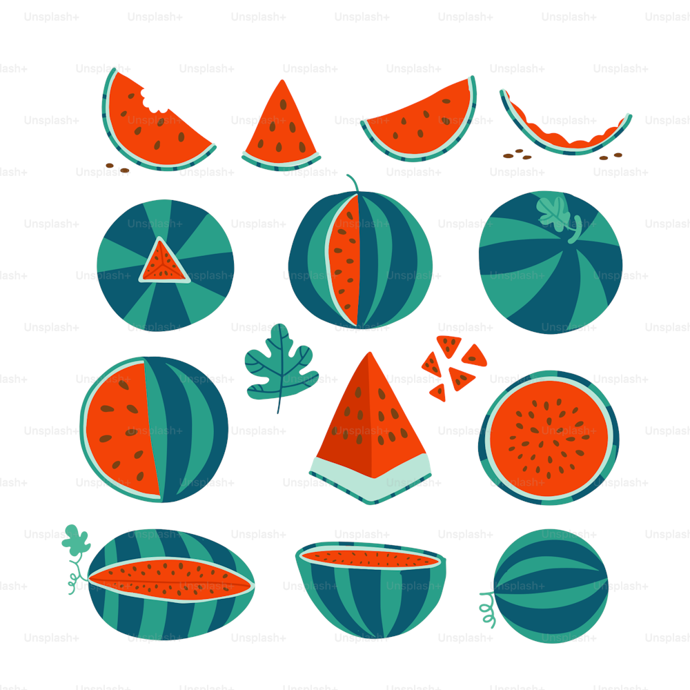 the illustration of Ripe red watermelons. Whole, slices, seeds of watermelons. perfect to Set of juicy fruits for summer design. Modern illustration in flat style. Bright colorful elements, promotion.