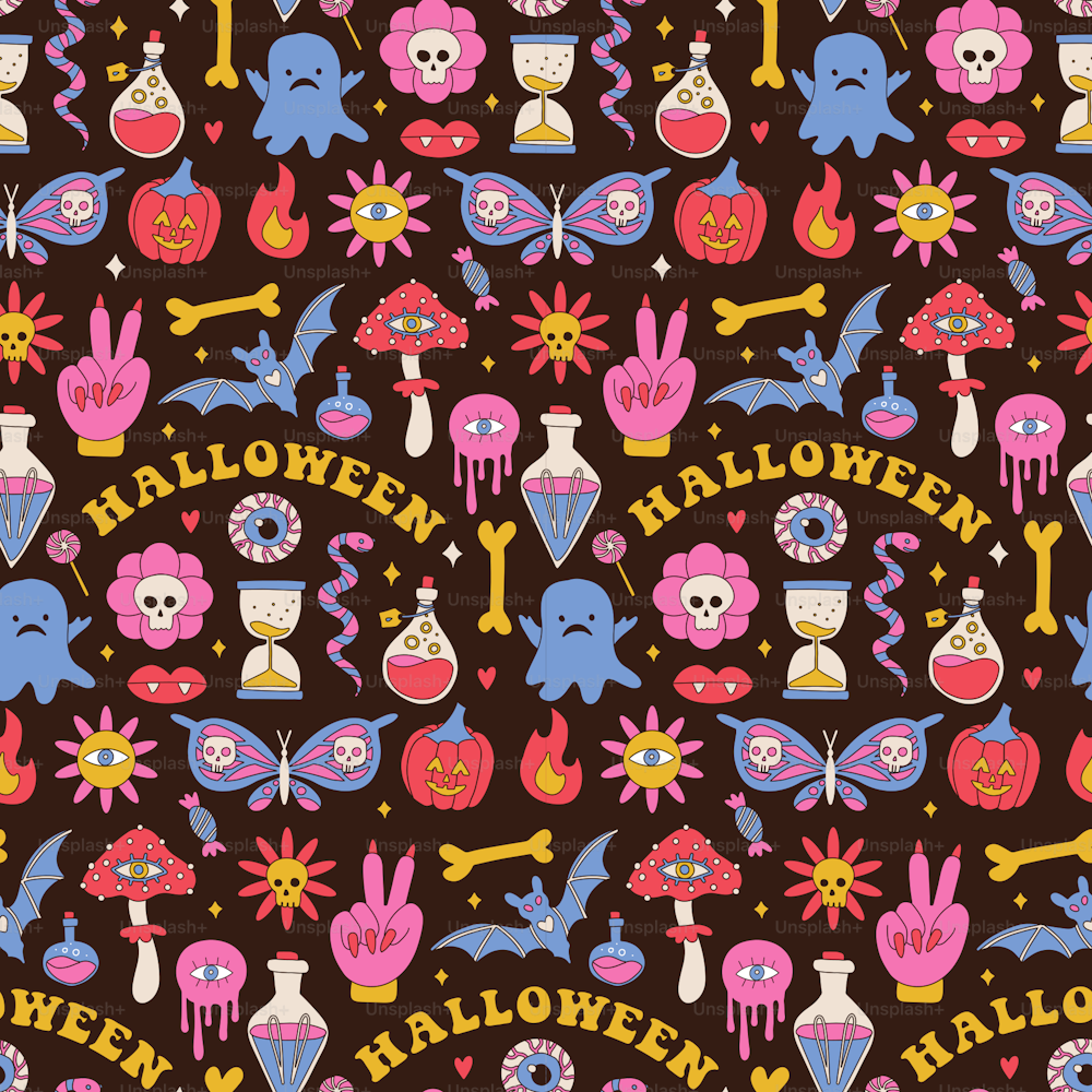 Colorido patrón sin costuras con setas, fantasma, calabaza y poción mágica. Groovy hippie Halloween Retro 60s, fondo de estilo 70s. Textil psicodélico, tela y papel de regalo. Ilustración vectorial