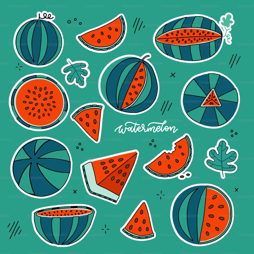 Watermelon doodle hand drawn stickers set in bright color style. Isolated sunny fruit collection - whole and sliced. Vector hand drawn illustration