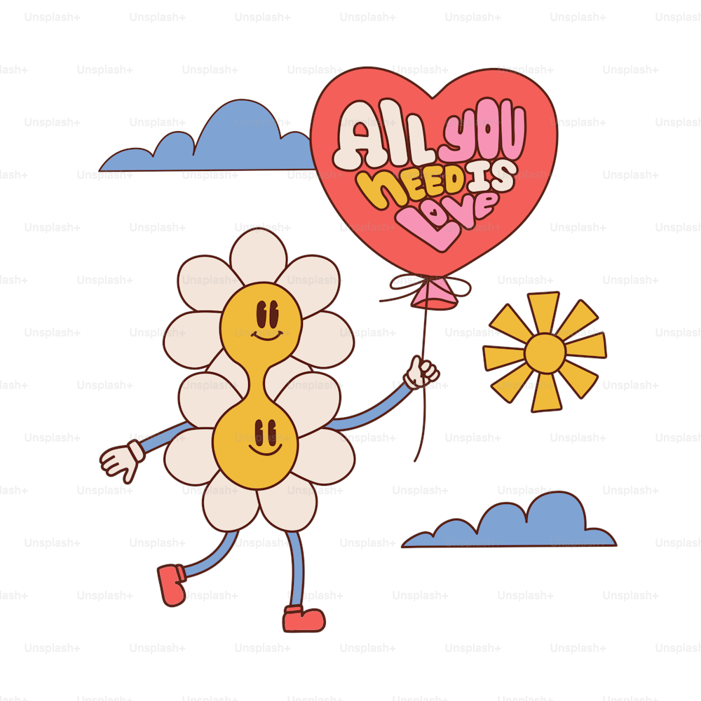 Groovy distorted funny flower character t-shirt print design. Vector retro vintage cartoon daisy mascot. Funny 60s hippie camomile with balloon All you need is love. Vector contour illustration