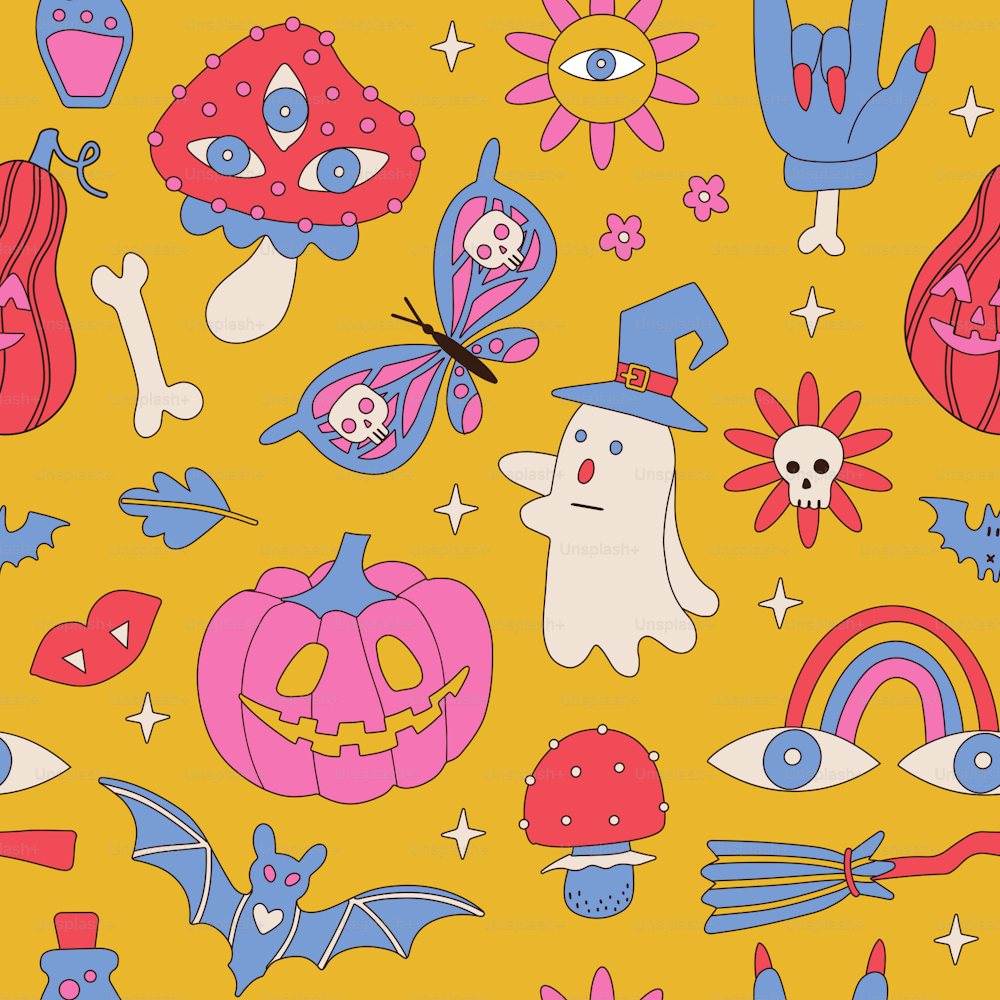 Retro 70s 60s Hippie Halloween seamless pattern with Ghost Mushroom Daisy Butterfly Flower Rainbow elements . Groovy Spook background. Hand drawn contour vector illustration.
