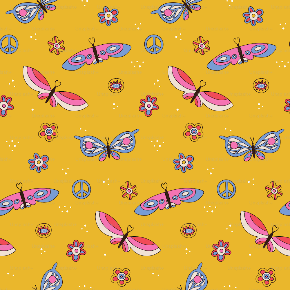 Seamless pattern with retro daisies, butterflies and peace sign. Summer simple minimalist flower elements.70s style blooming plants. Yellow spring daisy colorful background.Vector linear illustration.