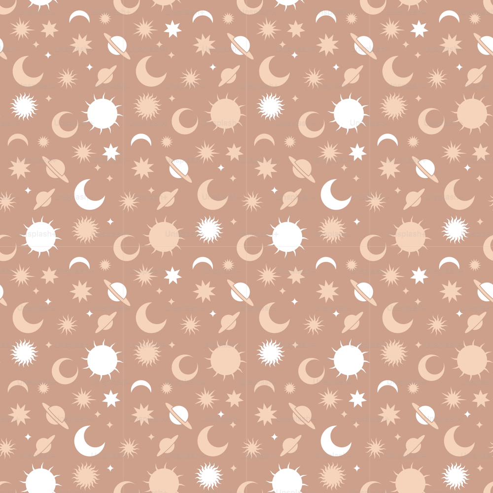 Hand drawn abstract flat graphic seamless pattern with celestial moon, sun and stars, mystic and simple collage shapes isolated on beige background. Simple vector illustration in boho style
