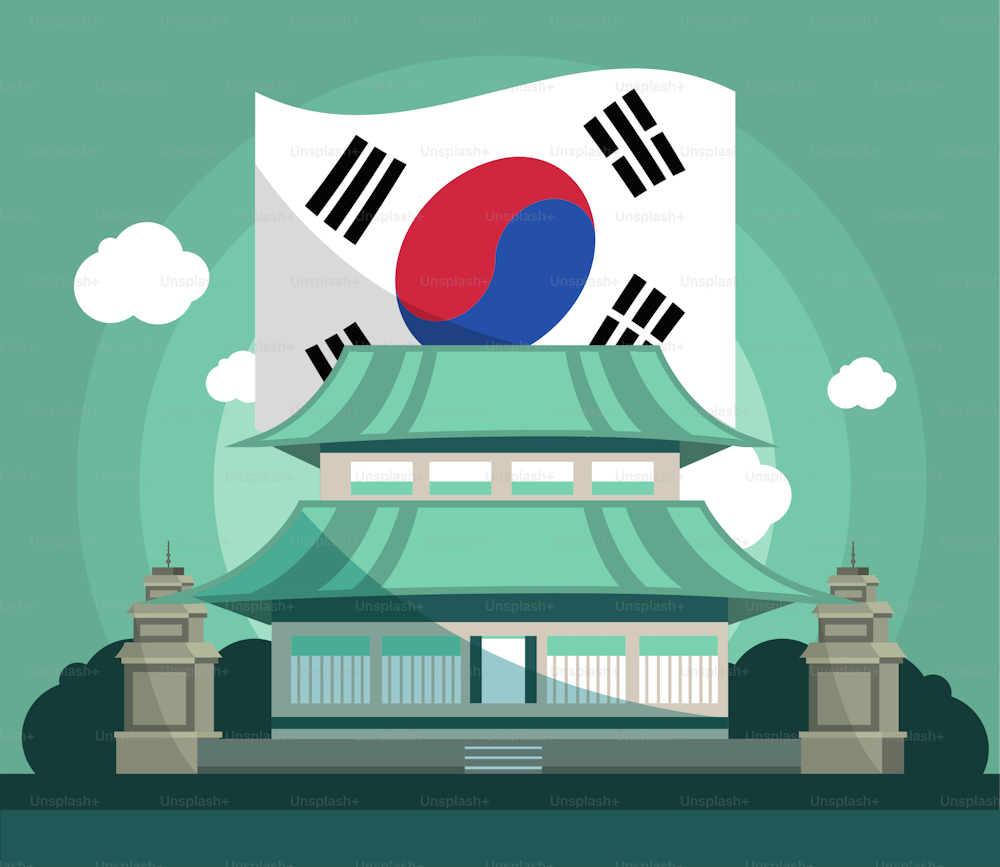 Palacio presidencial coreano y bandera