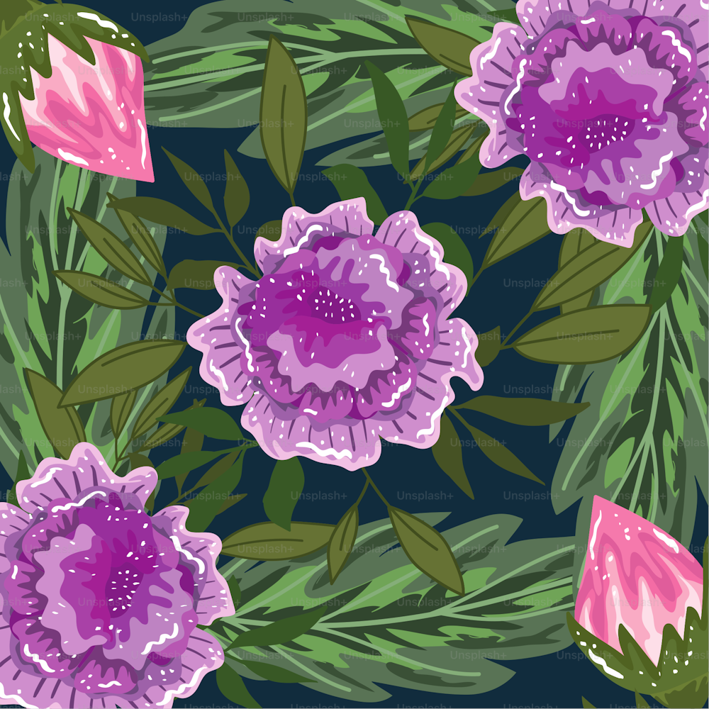 delicate flowers decoration on foliage plants, vector illustration painting design
