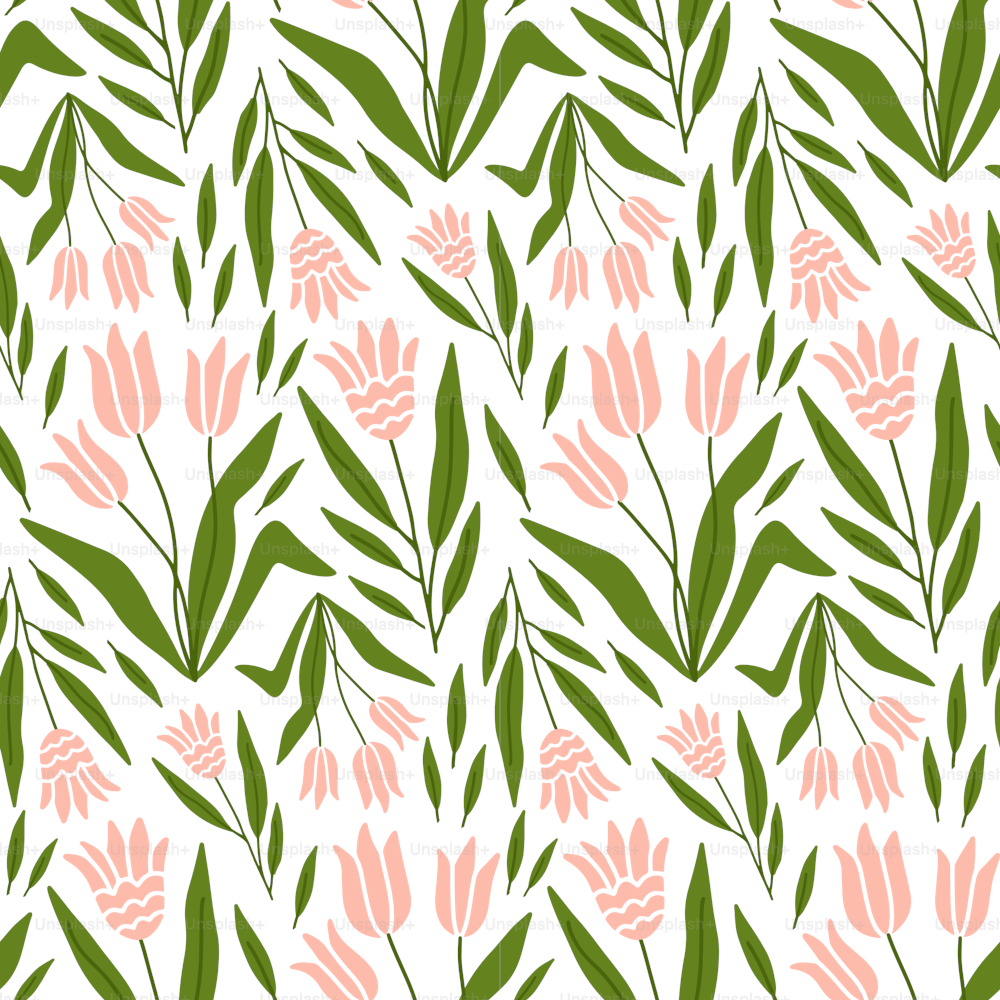 Tulipán dibujado a mano con patrón floral sin costuras. Flores de tulipán rosa de principios de primavera y verano. Ilustración plana plana dibujada a mano.