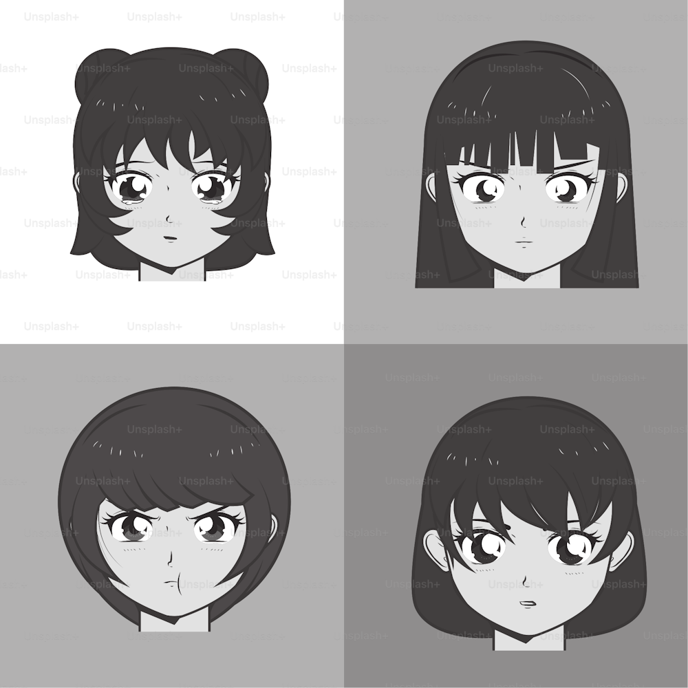 manga female faces icon set