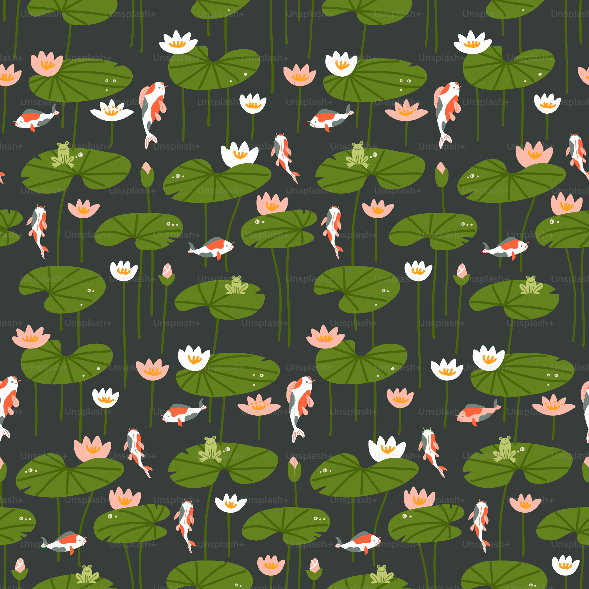 Seamless vector illustration with carp and lotus on a blue background. For decoration of textiles, packaging and web design.