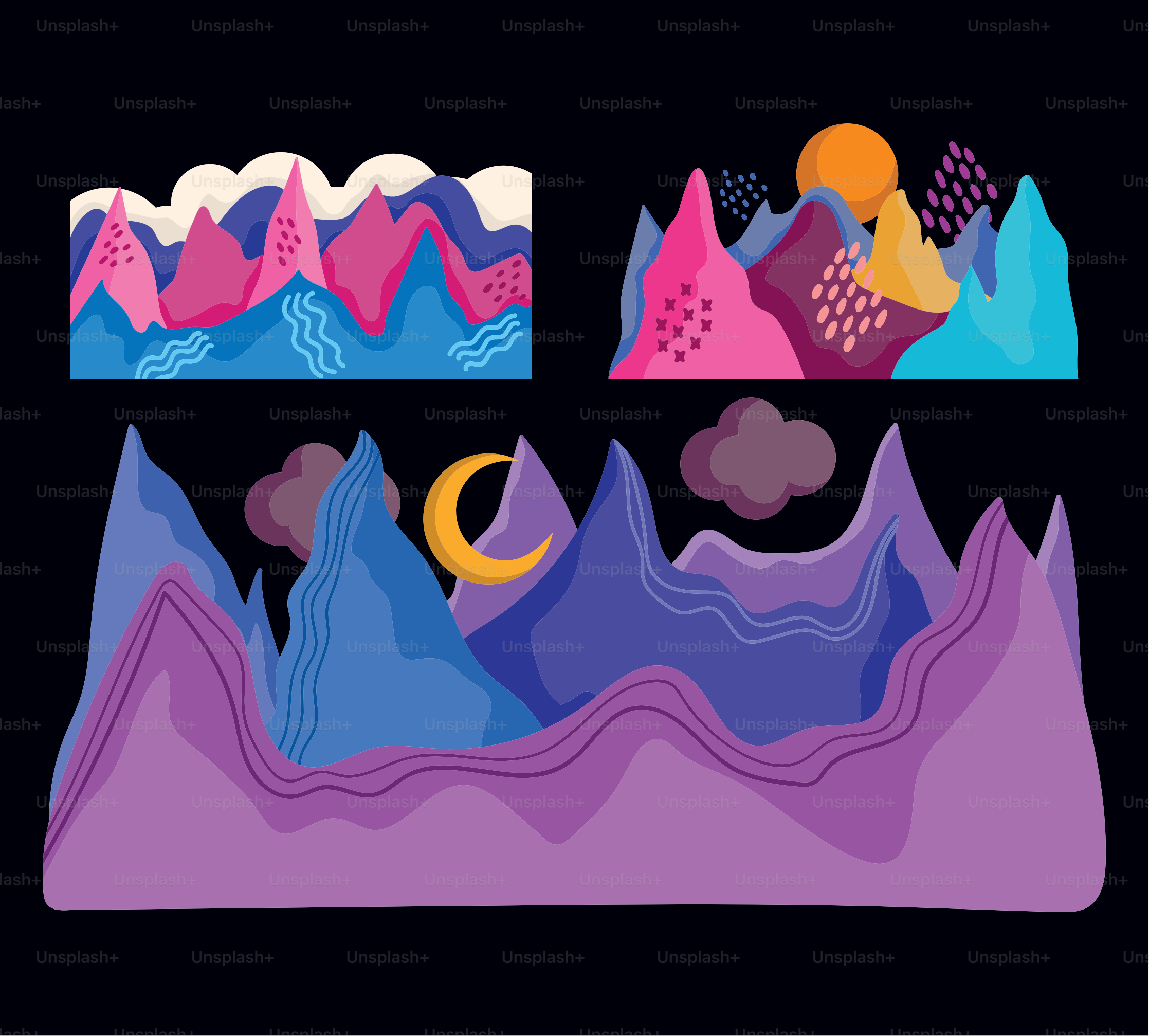 abstract landscape mountains moon sun sky water set black background vector illustration