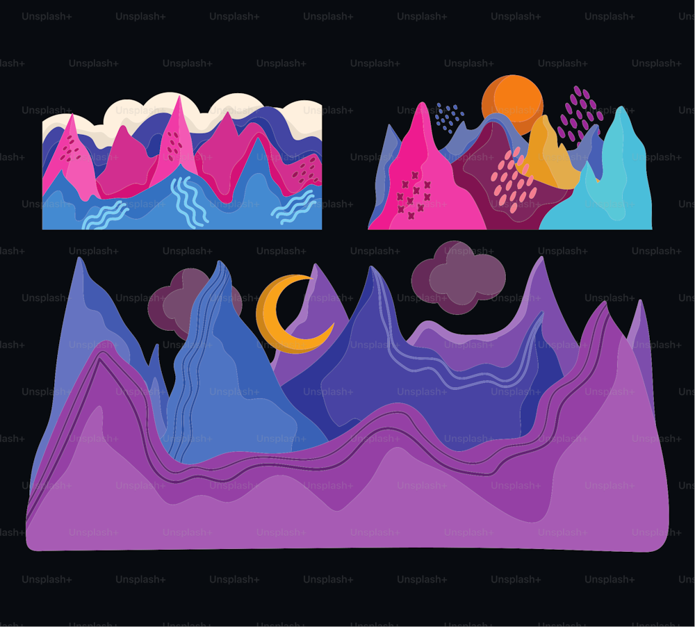 abstract landscape mountains moon sun sky water set black background vector illustration