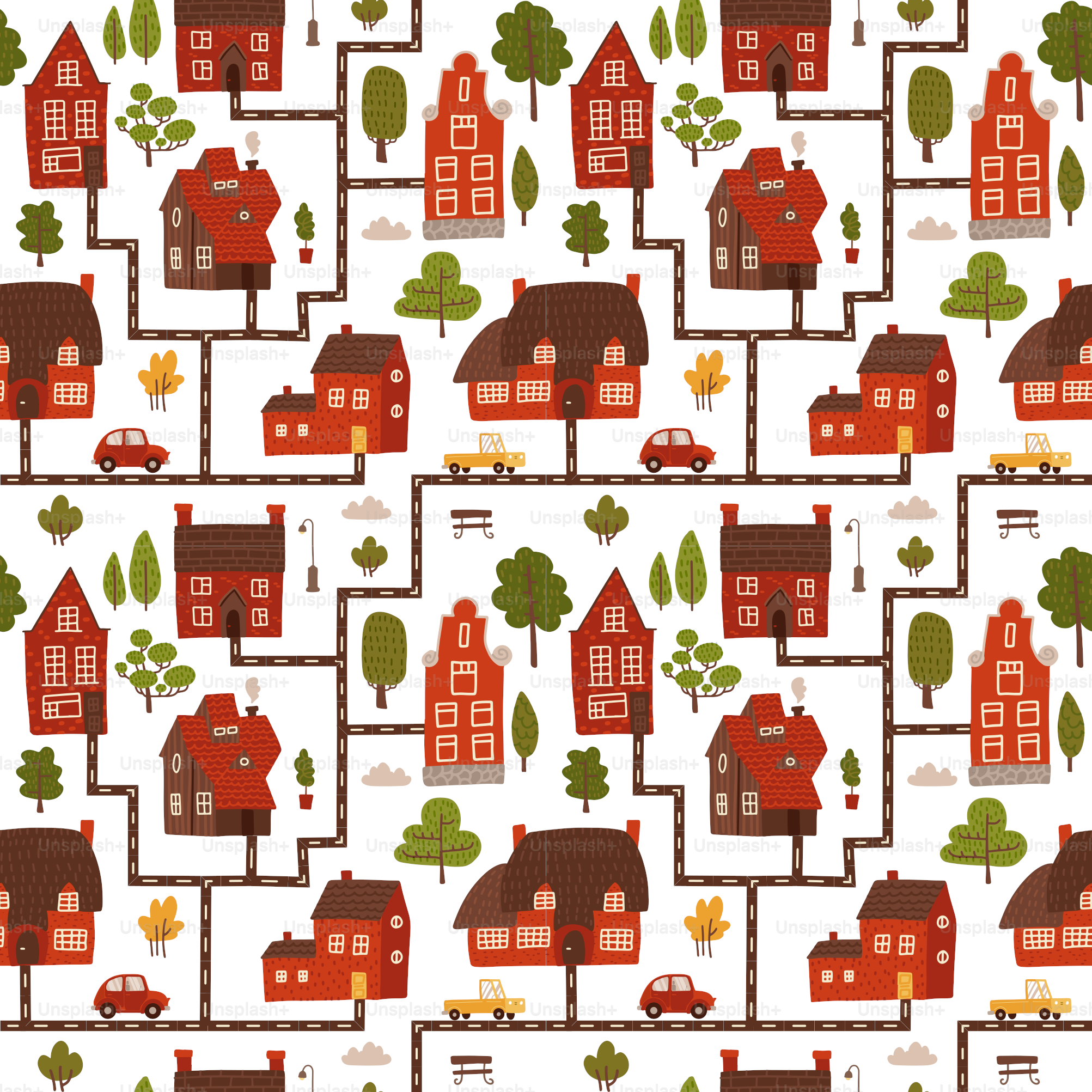 Motif de rue urbaine mignon, sans couture. Carte cartoon drôle de paysage urbain avec de petites maisons en brique de style scandinave, des voitures, des arbres d’été verts. Illustration vectorielle dessinée à la main en plat.
