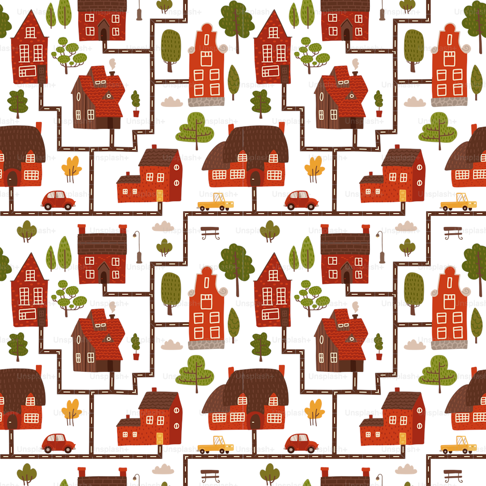 귀여운 도시 거리 원활한 패턴입니다. 스칸디나비아 스타일의 작은 벽돌집, 자동차, 녹색 여름 나무가 있는 만화 재미있는 지도 도시 풍경. 플랫 손으로 그린 벡터 그림입니다.
